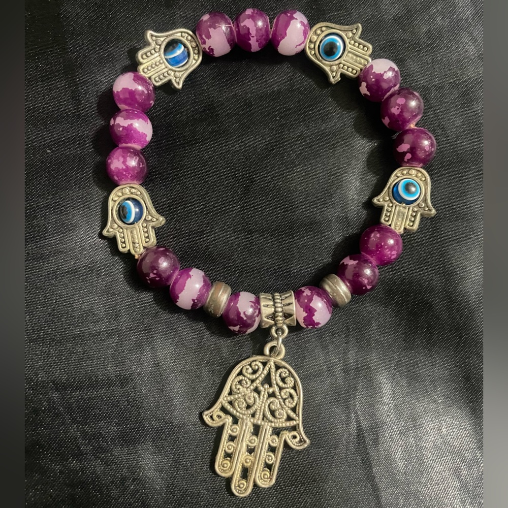 Purple bracelet with hamsa and evil eye charms— 2 for $8 or 3 for $10